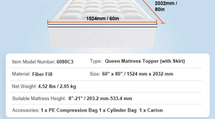 VEVOR Matrastopper 2,54cm Dikte Zonder & Wasbare Laag | Queen Matrastopper 152x203 cm | Polyester Katoen Fibervulling | Ademend & Zacht | Afneembare Zijvakken | Wasbaar & Elastische 360° Band