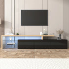 Modern TV kastontwerp: Stijlvolle elegantie, praktische opbergruimte, hoogglans zwart, houtlook, glazen planken, LED-verlichting | Hoogglans TV kast zwart hout | Modern ontwerp | Stijlvolle glazen planken | LED-verlichting | Ruime opslag | 197.5 cm breed