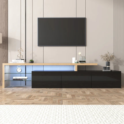 Modern TV kastontwerp: Stijlvolle elegantie, praktische opbergruimte, hoogglans zwart, houtlook, glazen planken, LED-verlichting | Hoogglans TV kast zwart hout | Modern ontwerp | Stijlvolle glazen planken | LED-verlichting | Ruime opslag | 197.5 cm breed