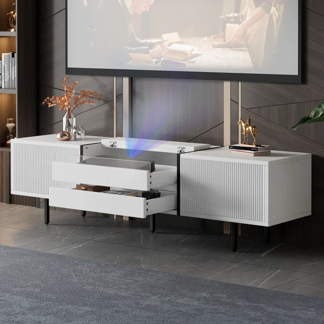 TV-kast met uittrekbare lades voor projector, laag bord met bergruimte en kleurblokontwerp, 163×40×45 cm | Moderne TV-kast hout 163cm met opbergruimte | Kleurblok zwart-wit design | Assembleerbaar meubelsystem | Hoge kwaliteit 45cm hoogte