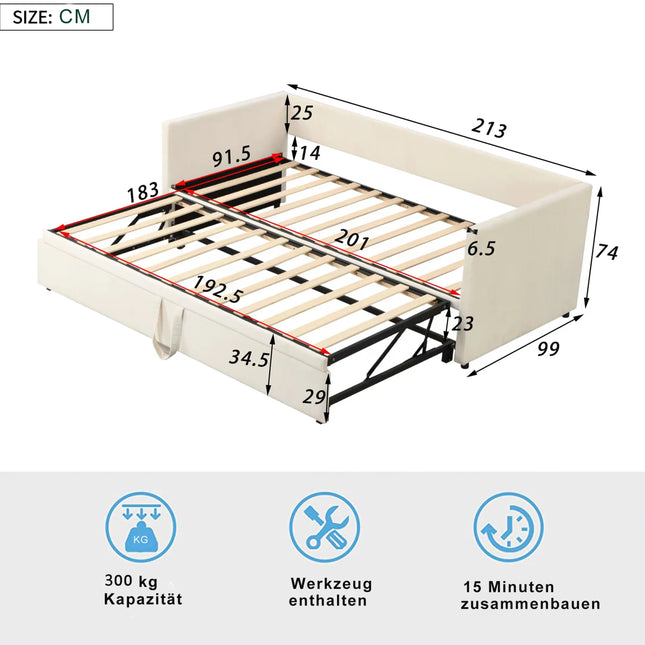 Uitschuifbare Slaapbank,Beklede Bed met lattenbodem 90(180)* 200cm,2-in-1 Multifunctionele Slaapbank,Zonder Matras | Moderne Fluwelen Uitschuifbare Slaapbank 90x200/180x200 cm | Lazyspace | Grijs/Beige