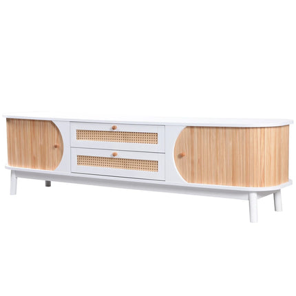 VSOGA TV Stand - Natuurlijke Hout Mix TV Stand Met Deuren En Laden | Rattan TV Kast Modern Design | TV Meubel Van Rattan En Massief Hout 170x46x39.5 cm | Metopbergruimte Voor Woonkamer | Elegant Woonkamervoor Meubel