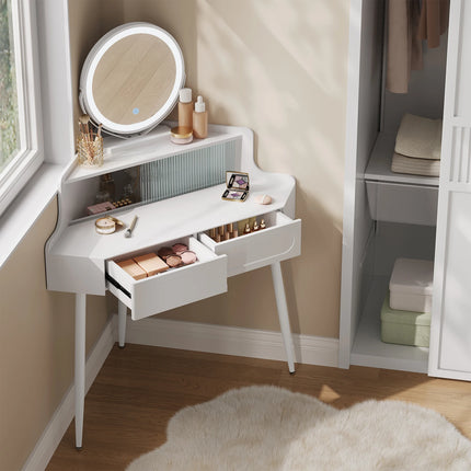 WOLTU Dressoir Kaptafel Wit Hoek Make-uptafel met Spiegel Verlichting | WOLTU Hoek Kaptafel Wit Spiegel Verstelbare Helderheid | Houten Make-uptafel Slaapkamer | Ruimtebesparend | Grote Opbergcapaciteit
