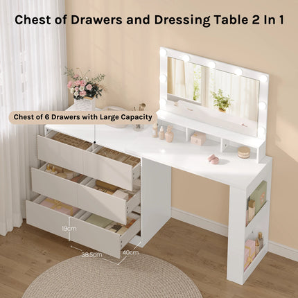 WOLTU Makeup-kaptafel met verstelbare LED verlichting dressoir en 6 ladekast flexibele montage | WOLTU Speeltafel met Verstelbare LED Spiegel | Houten Kaptafel met 6 Laden | Moderne Stijl | Hoekopstelling Mogelijk | 90x40x134.5 cm