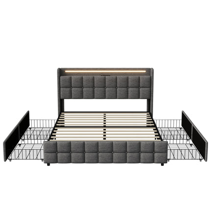 160 x 200cm Gestoffeerd Tweepersoonsbed met 4-laden, LED Hoofdbord met USB Oplaadpoort, Linnen Bedframe, zonder Matras, Grijs | Comfortabel Bedframe 160x200cm Grijs | Gestoffeerd | 4 Lade Opbergruimte | LED Hoofdbord met USB