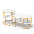 2-delige koffietafel met marmerstructuur voor woonkamer | Set van 2 ronde bijzettafels met marmerlook blad MDF 80x46 cm en 52x51 cm | Salontafels met opbergruimte | Goud- en zwartkleurig metalen frame