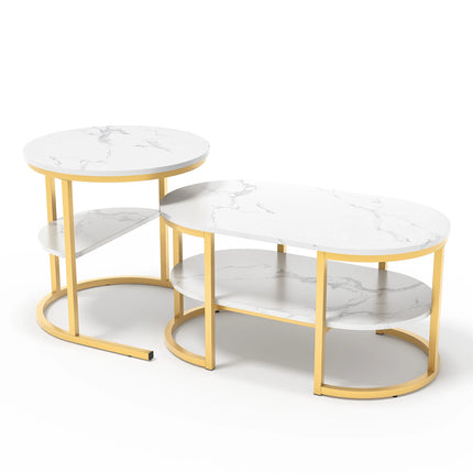 2-delige koffietafel met marmerstructuur voor woonkamer | Set van 2 ronde bijzettafels met marmerlook blad MDF 80x46 cm en 52x51 cm | Salontafels met opbergruimte | Goud- en zwartkleurig metalen frame