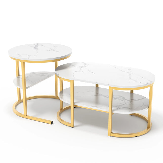 2-delige koffietafel met marmerstructuur voor woonkamer | Set van 2 ronde bijzettafels met marmerlook blad MDF 80x46 cm en 52x51 cm | Salontafels met opbergruimte | Goud- en zwartkleurig metalen frame