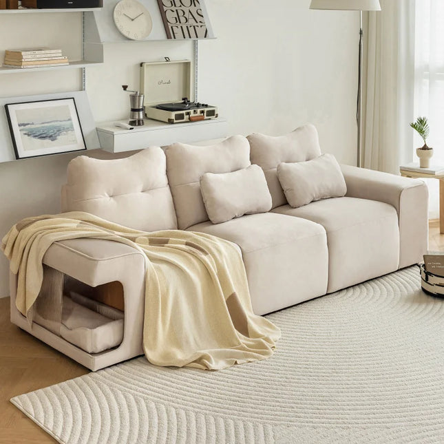 Cat opslagbank met kussen, moderne 3-zitsbank met kattennest, fluweel, krasbestendige kattenstof met 2 sierkussens | Moderne 3-zitsbank fluweel met kattennest | Krasbestendig | Scandinavisch design | Incl. sierkussens