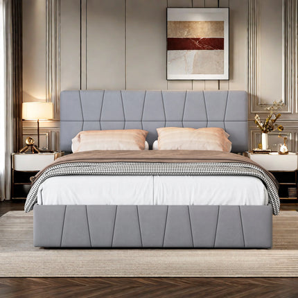 Gestoffeerd Bed 140 x 200 cm, Bed Met 4 Laden Aan Zijkant, Verstelbaar Hoog Hoofdeinde, Tweepersoonsbed, Zonder Matras, Velvet | Luxe Velvet Bed 140x200 cm Grijs | Tweepersoonsbed Met Opberglades | Verstelbaar Hoofdeinde