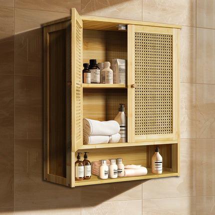 Solid houten bamboe badkamer wandkast boven toilet keuken woonkamer opbergkast met 3 planken medicijnkast 2-deur | Bamboe wandkast badkamer met 2 deuren | Eco-vriendelijke opbergruimte | 3 plank lagen