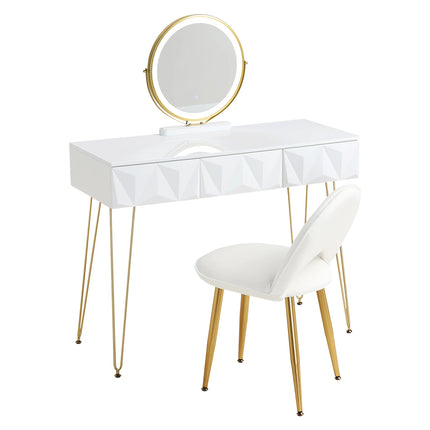 1SET Kaptafel Make-up Tafel Meisjes Vrouwen Kaptafel met 3-niveau LED Spiegel Fluwelen Stoel voor Slaapkamer Cadeau | Verstelbare LED Spiegel Meubelset Wit Goud MDF Hout Make-up Tafel met Lade