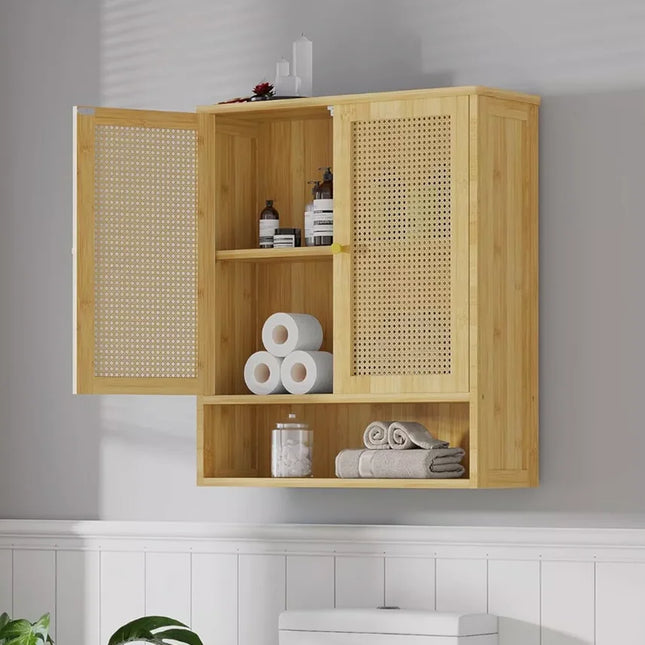 Solid houten bamboe badkamer wandkast boven toilet keuken woonkamer opbergkast met 3 planken medicijnkast 2-deur | Bamboe wandkast badkamer met 2 deuren | Eco-vriendelijke opbergruimte | 3 plank lagen
