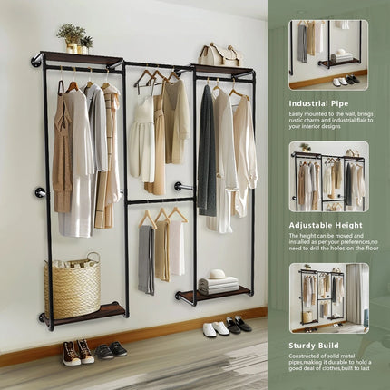 Industriële pijp kledingrek rail wand gemonteerd ruimtebesparende kleding display rek met opbergrekken | Stijlvol metalen wandgemonteerd kledingrek met plank | Industrieel design | 185x30x200cm | Zwart