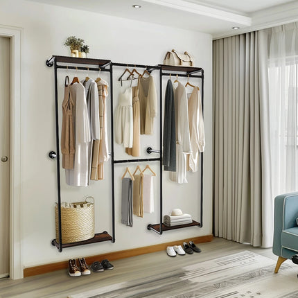 Industriële pijp kledingrek rail wand gemonteerd ruimtebesparende kleding display rek met opbergrekken | Stijlvol metalen wandgemonteerd kledingrek met plank | Industrieel design | 185x30x200cm | Zwart