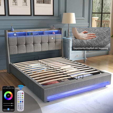 Gestoffeerd Tweepersoonsbedframe met Opslag, Ottoman Bed met Hydrauliek en LED-Licht, Tweepersoons Bedframe voor Volwassenen en Tieners | Scandinavisch Design Bedframe | Met Opslag | LED Verlichting | Moderne Stijl | Grijs 140/160x200 cm