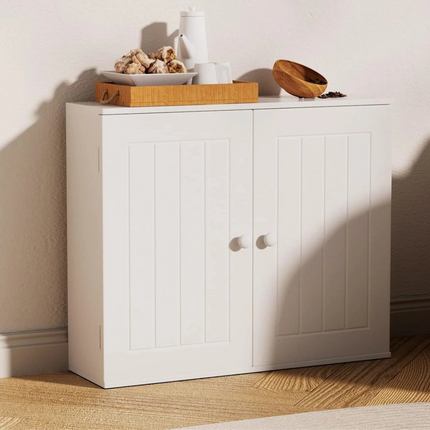 Wit badkamerkastje badkamer wandkast keuken opbergkast met dubbele deuren en verstelbare planken wit | Moderne witte badkamerkast wandmontage vloermontage verstelbare planken MDF gemakkelijk te monteren