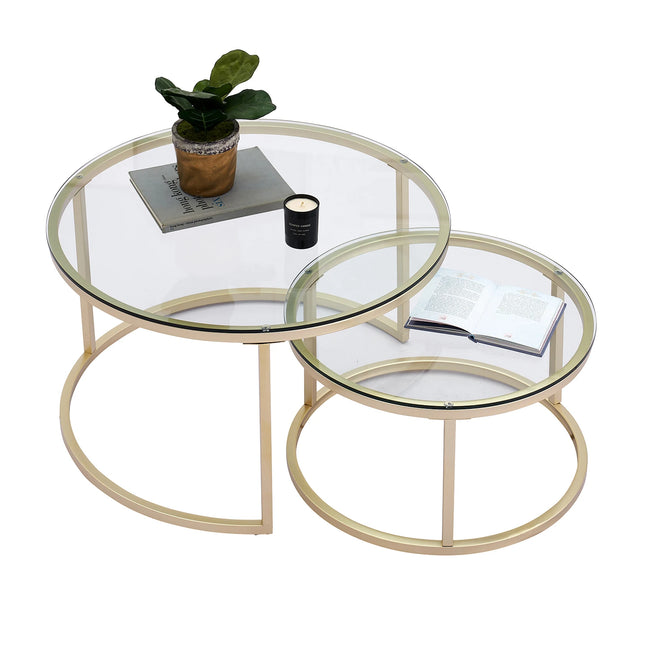 2 in 1 ijzeren salontafel mode kleine appartement woonkamer salontafel gehard glas ronde bank bijzettafel | Moderne salontafel set | 2-delige ronde tafels | Staal & MDF | Grijs marmer-look | Woonkamer design
