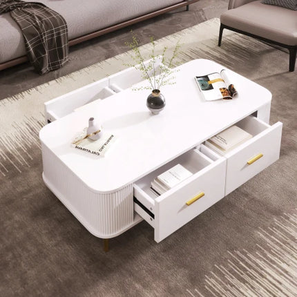 TV kast / Salontafel met lades, afgeronde hoeken, woonkamer TV kast met gegolfde zijkanten, gouden handvatten en poten | Moderne witte TV-kast met lades en gouden details 170cm | Scandinavisch design MDFmeubel met veel opbergruimte
