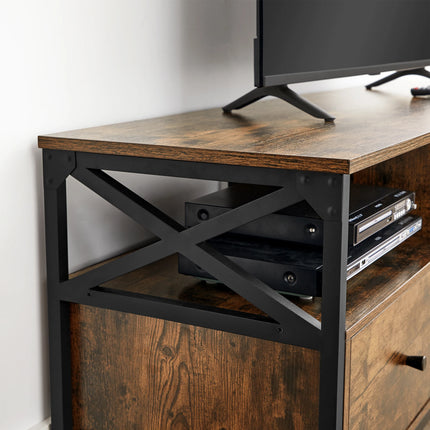 VASAGLE Lowboard TV-kast, 3 laden, breedte 147cm, stalen frame | VASAGLE TV-Meubel Industrieel Scandinavisch Ontwerp | 147x40 cm | 3 Lade | 3 Open Vakken | Vintage Bruin-Zwart | Hout Spaanplaat-Staal