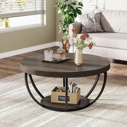 Ronde Salontafel, 80,5 cm Houten 2-laags Salontafel met Opbergrekken, Cocktailtafel Centertafel voor Woonkamer, Grijs | Ronde Woonkamertafel Met Opslag | Industrieel Design | Grijze Houtlook | 2 Niveaus