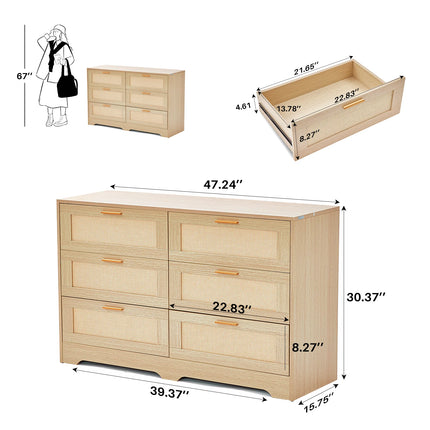 REDLIFE 47.24" Rattan Dresser met 6 Lades, Moderne Houten Kast met Gouden Handgrepen voor Slaapkamer Woonkamer Hal | REDLIFE Rotan Dressoir 120cm Breedte | Slaapkamer Woonkamer Opslag | Moderne Stijl MDF | 6 Lades Gouden Knoppen