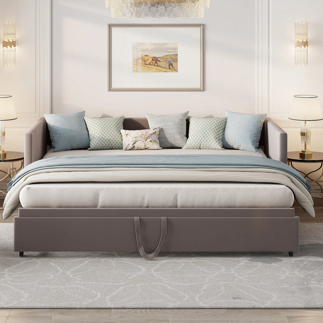 Uitschuifbare Slaapbank,Beklede Bed met lattenbodem 90(180)* 200cm,2-in-1 Multifunctionele Slaapbank,Zonder Matras | Moderne Fluwelen Uitschuifbare Slaapbank 90x200/180x200 cm | Lazyspace | Grijs/Beige