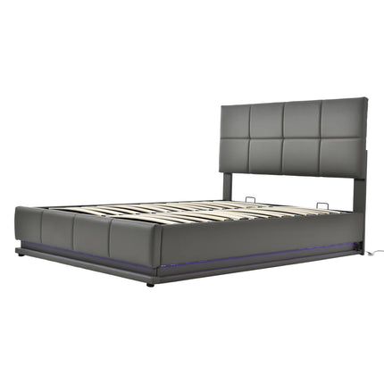 Gestoffeerd Bed, Tweepersoonsbed, Met LED Verlichting, Hydraulisch Verhoogbaar Bed, Met Opbergruimte, Bedbox & Lattenbodem, 140x200cm | Modern gestoffeerd bed met led-verlichting | Hydraulisch | Opbergruimte | 140x200cm