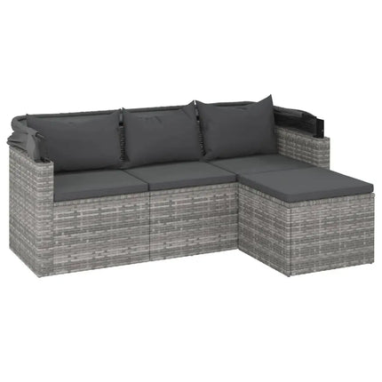 Modern minimalistische grijze buitenbankcombinatie | Grijze tuinbank 3-zits | Verstelbaar waterdicht dak | Voetenbank & UV-bestand | Anti-corrosie & schimmelvrij | Duurzaam rotan | Comfortabele kussens