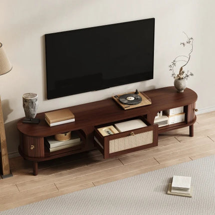 Walnoot Rotan Hangend Dressoir 170 L x 39,5 B x 38 H (cm), TV-meubel met natuurlijke houten deuren en rotan lades | Moderne TV kast hout rotan | Zwevend dressoir hangend | Natuurlijke walnoot en rotan details