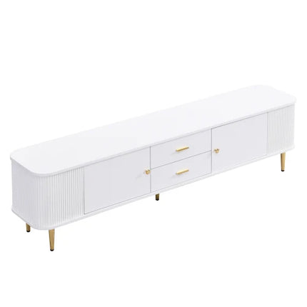 TV kast / Salontafel met lades, afgeronde hoeken, woonkamer TV kast met gegolfde zijkanten, gouden handvatten en poten | Moderne witte TV-kast met lades en gouden details 170cm | Scandinavisch design MDFmeubel met veel opbergruimte