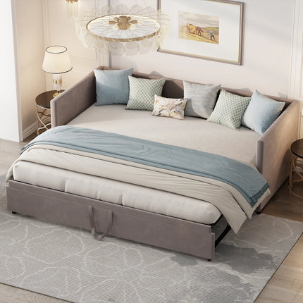 Uitschuifbare Slaapbank,Beklede Bed met lattenbodem 90(180)* 200cm,2-in-1 Multifunctionele Slaapbank,Zonder Matras | Moderne Fluwelen Uitschuifbare Slaapbank 90x200/180x200 cm | Lazyspace | Grijs/Beige