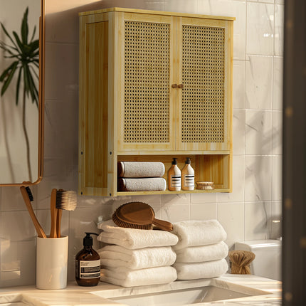 Solid houten bamboe badkamer wandkast boven toilet keuken woonkamer opbergkast met 3 planken medicijnkast 2-deur | Bamboe wandkast badkamer met 2 deuren | Eco-vriendelijke opbergruimte | 3 plank lagen