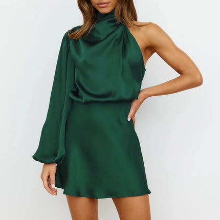 Fuchsia Mini Halterjurk | Asymmetrische Mouw | Satijn | Een Schouder Ontwerp | Gedrapeerde Halslijn | Elegant | Perfect voor Cocktailparty's | Dameskleding | Beschikbaar in Maat S | Polyester | Stretch | Model 160cm Draagmaat S