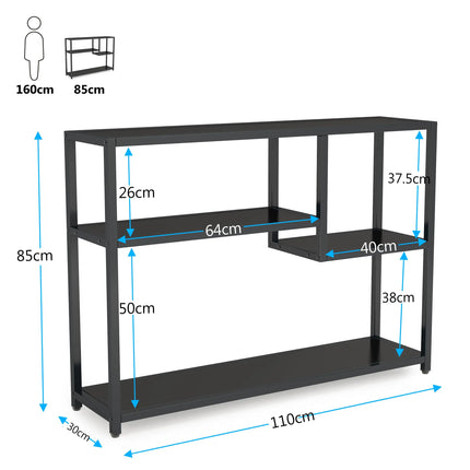 Industrieel Opbergrek Zwart | Consoletafel Met 4 Lagen | 110x30x85 cm | Hal Woonkamer Achter Bank | Staal En Houtlook | Multifunctioneel Design