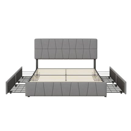 Gestoffeerd Bed 140 x 200 cm, Bed Met 4 Laden Aan Zijkant, Verstelbaar Hoog Hoofdeinde, Tweepersoonsbed, Zonder Matras, Velvet | Luxe Velvet Bed 140x200 cm Grijs | Tweepersoonsbed Met Opberglades | Verstelbaar Hoofdeinde