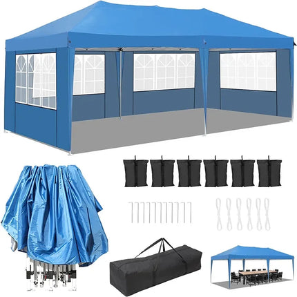 3 x 6m waterdichte pop-up tuinpaviljoen tent vier zijden 420D Oxford doek regenbestendige luifel voor bruiloft | Paviljoen 3x6m blauw incl. draagtas UV-bescherming tent tuinfeest opvouwbaar waterbestendig aluminiumbouw outdoor occasions