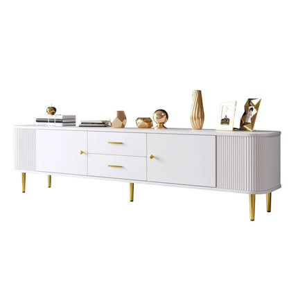 TV kast / Salontafel met lades, afgeronde hoeken, woonkamer TV kast met gegolfde zijkanten, gouden handvatten en poten | Moderne witte TV-kast met lades en gouden details 170cm | Scandinavisch design MDFmeubel met veel opbergruimte