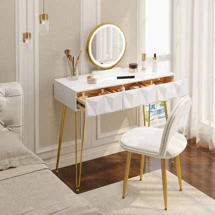 1SET Kaptafel Make-up Tafel Meisjes Vrouwen Kaptafel met 3-niveau LED Spiegel Fluwelen Stoel voor Slaapkamer Cadeau | Verstelbare LED Spiegel Meubelset Wit Goud MDF Hout Make-up Tafel met Lade