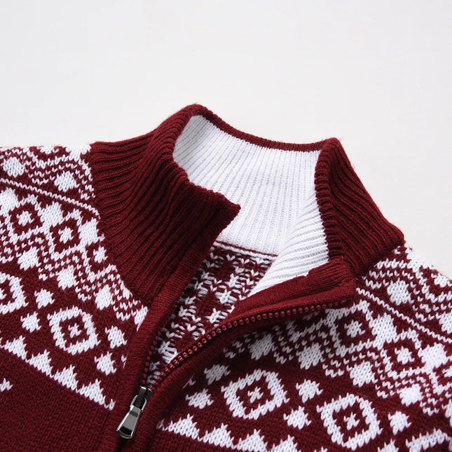 Heren Kersttrui Geometrisch Patroon | Festive Slim Fit Cardigan | Winter Gebreid Rits Vest | Oprolbare Kraag | Mix van Katoen Acryl Kasjmier | Lang Ritsontwerp | Ideaal als Cadeau voor Kerst | Stijlvolle Kerstkleding