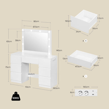 WOLTU Kaptafel Make-up met LED-verlichting en Oplaadstopcontact | Moderne Witte Kaptafel 7 Laden | MDF Hout | Grote Spiegel 64x57cm | USB-poorten en Stopcontacten  | Brede Blad met Veel Opbergruimte