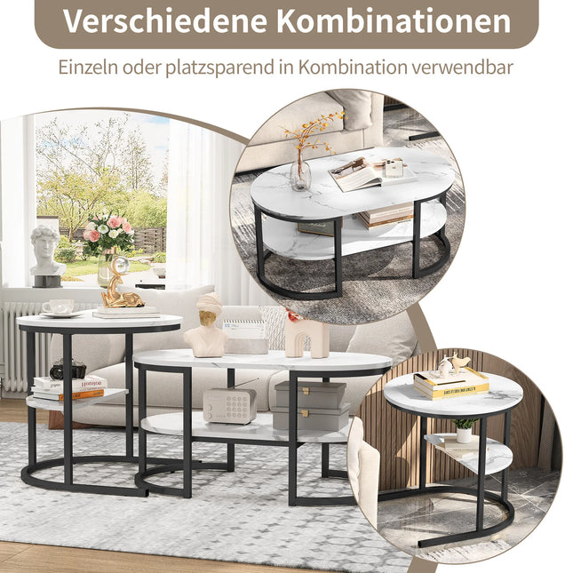 2-delige koffietafel met marmerstructuur voor woonkamer | Set van 2 ronde bijzettafels met marmerlook blad MDF 80x46 cm en 52x51 cm | Salontafels met opbergruimte | Goud- en zwartkleurig metalen frame