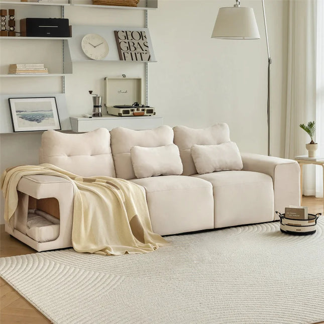Cat opslagbank met kussen, moderne 3-zitsbank met kattennest, fluweel, krasbestendige kattenstof met 2 sierkussens | Moderne 3-zitsbank fluweel met kattennest | Krasbestendig | Scandinavisch design | Incl. sierkussens