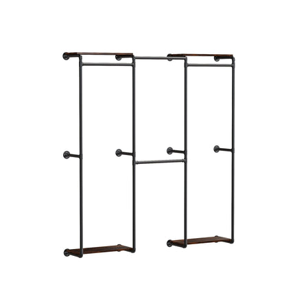 Industriële pijp kledingrek rail wand gemonteerd ruimtebesparende kleding display rek met opbergrekken | Stijlvol metalen wandgemonteerd kledingrek met plank | Industrieel design | 185x30x200cm | Zwart