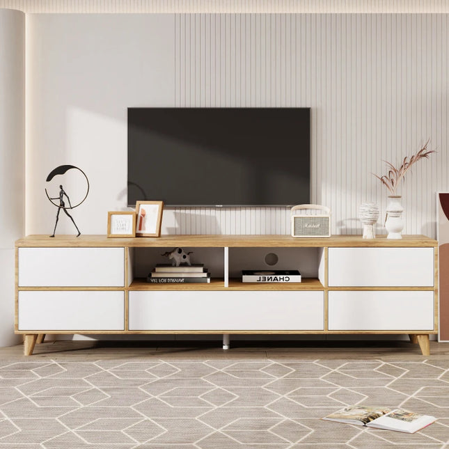 TV-kast, laag meubel, woonkamermeubel in wit en houttinten. Vakken en deuren in natuurlijke landelijke stijl | Moderne tv-meubel wit hout | Laag meubel woonkamer | Landelijke stijl | Wit en hout | Stevige houten poten | Veel opbergruimte