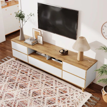 TV-kast, laag meubel, woonkamermeubel in wit en houttinten. Vakken en deuren in natuurlijke landelijke stijl | Moderne tv-meubel wit hout | Laag meubel woonkamer | Landelijke stijl | Wit en hout | Stevige houten poten | Veel opbergruimte