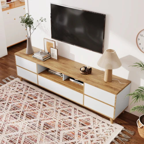 TV-kast, laag meubel, woonkamermeubel in wit en houttinten. Vakken en deuren in natuurlijke landelijke stijl | Moderne tv-meubel wit hout | Laag meubel woonkamer | Landelijke stijl | Wit en hout | Stevige houten poten | Veel opbergruimte