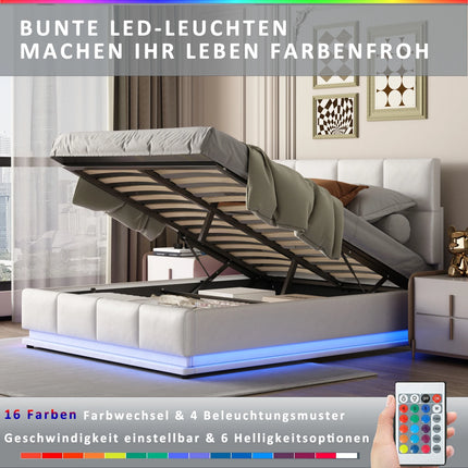 Gestoffeerd Bed, Tweepersoonsbed, Met LED Verlichting, Hydraulisch Verhoogbaar Bed, Met Opbergruimte, Bedbox & Lattenbodem, 140x200cm | Modern gestoffeerd bed met led-verlichting | Hydraulisch | Opbergruimte | 140x200cm