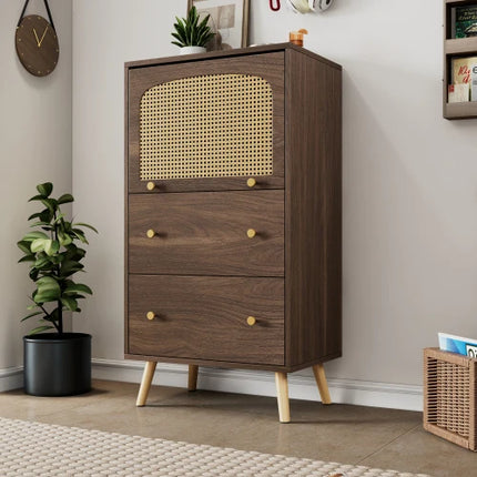 1.8m lang TV-meubel in donkere houtlook met twee rattan deuren, vier laden, kabelbeheer en hydraulische scharnieren – voor 80-inch | Donkerhouten TV-meubel 180cm | Rattan Deuren | 4 Laden | Tot 80" TV