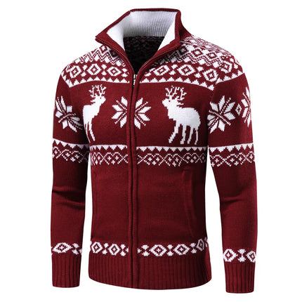 Heren Kersttrui Geometrisch Patroon | Festive Slim Fit Cardigan | Winter Gebreid Rits Vest | Oprolbare Kraag | Mix van Katoen Acryl Kasjmier | Lang Ritsontwerp | Ideaal als Cadeau voor Kerst | Stijlvolle Kerstkleding
